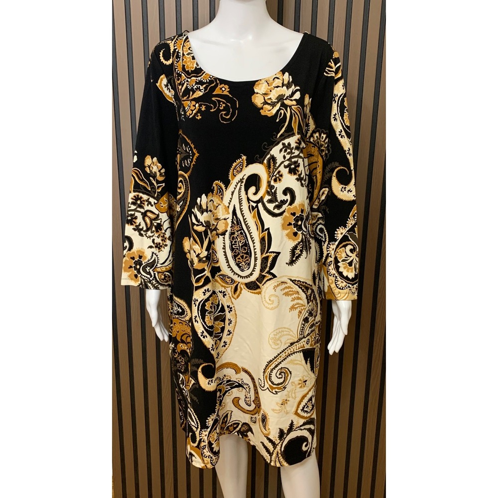 Soft Surroundings Women's Paisley Floral Shift Dress Black Gold 2X Classic